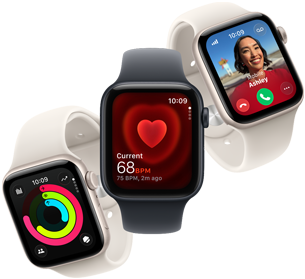 Tři zařízení Apple Watch SE 3 plovoucí vedle sebe